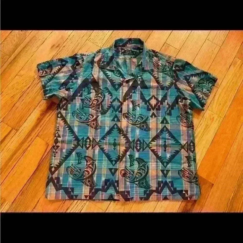 Polo Ralph Lauren Aztec/Hawaiian Plaid Shirt Short Sleeve Button Up Mens Size XL